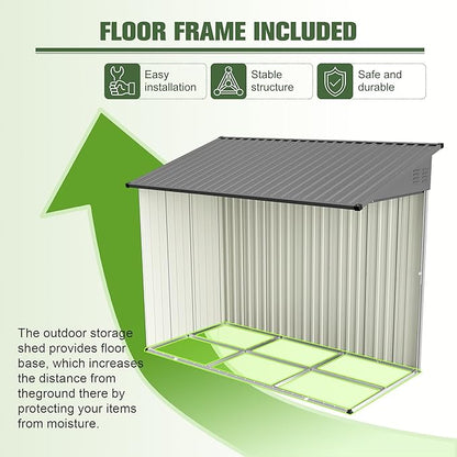 4x8 FT Lean to Metal Shed,Outdoor Storage Shed W/Floor Frame & Reversible Installation,All Weather Waterproof Garden Tool House W/Lockable Door & 2 Air Vents,for Backyard,Patio,Lawn,Gray