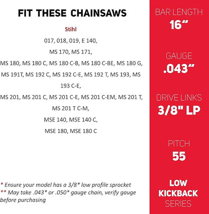 E & S 3 Pack 16 Inch Chainsaw Chain 3/8" LP Pitch .043" Gauge 55 Drive Links Semi-Chisel Chain Saw Chains for Husqvarna, Poulan, Craftsman, Greenworks and More Chainsaw Brands