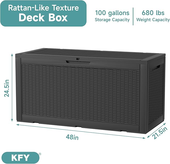 deck box,100-gallon indoor and outdoor storage box made of waterproof and sun-resistant resin material, meeting storage needs for the living room, patio, swimming pool, and toolshed（black）