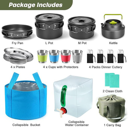 Odoland 29pcs Camping Cookware Mess Kit, Non-Stick Lightweight Pots Pan Kettle, Collapsible Water Container and Bucket, Stainless Steel Cups Plates Forks Knives Spoons for Outdoor Backpacking Picnic