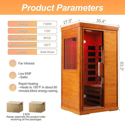 Far Infrared Sauna 1120W 110V, Low EMF Infrared Sauna with Red Light Therapy, Carbon Fiber Infrared Saunas 1 Person W/Bluetooth Speakers/Control Panel for Basement/Home Gym/Bathroom