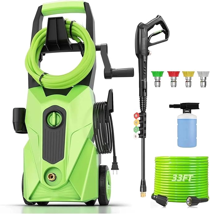 Pressure Cleaner 5000 PSI 2.8 GPM High Power Cleaners with 33ft Pressure Hose, 4 Nozzle and Foam Cannon, for Home, Cars, Fences, Patio (Green)