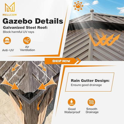 MELLCOM 14'x20' Hardtop Gazebo, Galvanized Steel Metal Double Roof Aluminum Gazebos with Curtain and Netting, Brown Permanent Pavilion Gazebo with Aluminum Frame for Patios, Gardens, Lawn