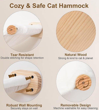 Cat Scraching Post Wall Shelves Set of 3 –1 Floating Fabric Hammock, 2 Cat Wall Ladders with 4 Steps EachWall Mounted Bed Furniture & Climber for Large Cats, Indoor Wall Playground