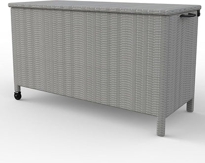 140 Gallon Outdoor Storage Deck Box, Large Rattan Storage Bin Wheel for Patio Cushions, Garden Tools and Pool Supplies, Waterproof, Grey