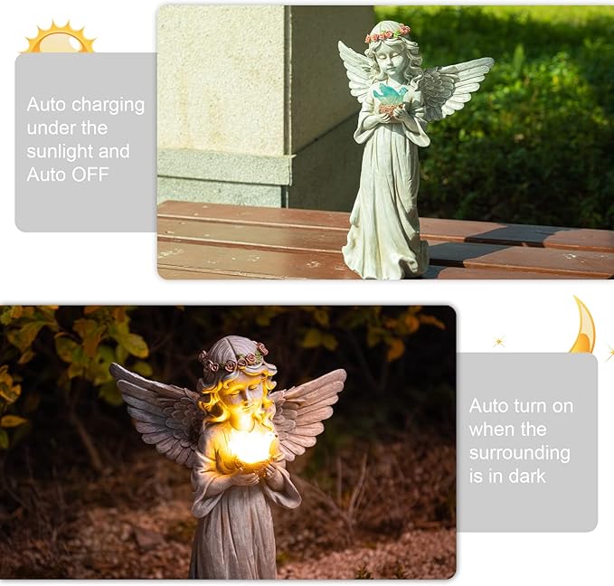 Angel Garden Statue Outdoor Decor, Angel Garden Figurine Hold Dove with Solar Lights Waterproof Resin Yard Art Decoration Lawn Ornament Sculpture for Outside Patio Yard Gift