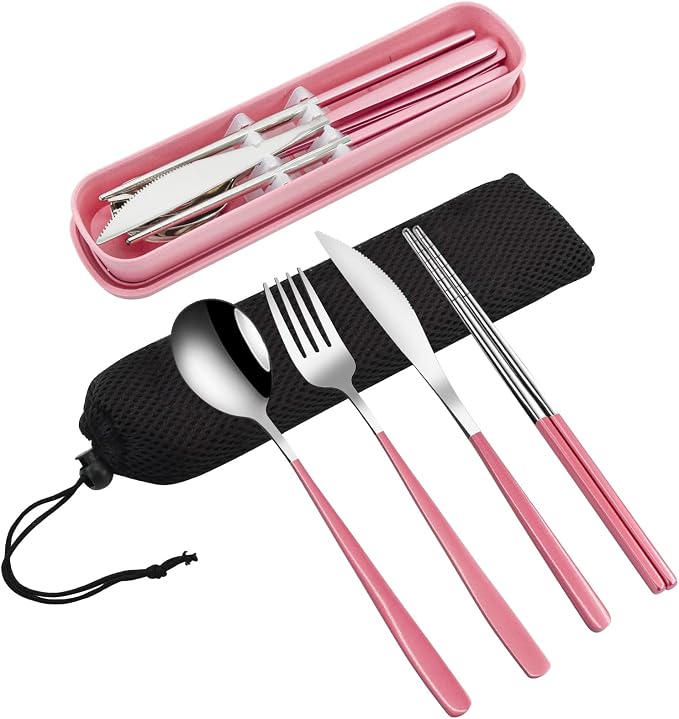 VANRA 4-Piece Portable Travel Utensils Set with Case 18/8 Stainless Steel Flatware Set Reusable Cutlery Set with Fork Spoon Knife Chopstick for Lunch Travel Camping School Work Picnic (Pink)