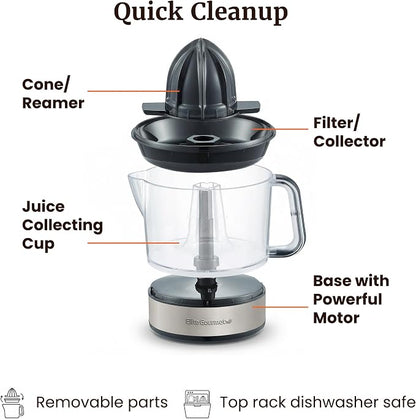 Elite Gourmet ETS623 Electric Citrus Juicer, 24 oz, Black/Stainless Steel | BPA-Free 40-Watt motor, compact large-volume pulp control - juices oranges, lemons, limes & grapefruits, easy-pour spout