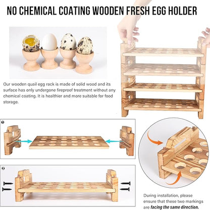Stackable Wooden Quail Egg Holder Countertop-Expandable Storage Rack with 4 Bonus Egg Cups | Solid Wood Tray with Secure Interlocking Dowels for 48 Fresh Quail & Pigeon Eggs (Single or Multi-Tier Use)