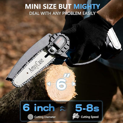 ArtsyCase Mini Chainsaw 6-inch Cordless, Portable chainsaws, Small Handheld Chain Saw for Tree Trimmer, Wood and Bamboo Cutting, Chain saws Gifts for Husband, Dad(2 Batteries+ 2 Chains+ 2 Bars)