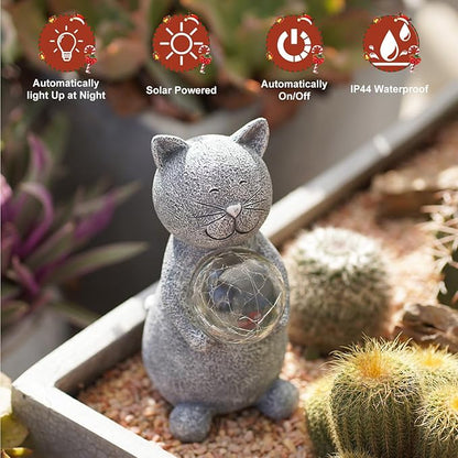 Solar Cat Statue Garden Decor - Cat Lover Gifts, with Gazing Solar LED Lights Ball Cats Decoration for Garden Yard Patio Lawn Balcony - Gifts for Mom Grandma (Gray)