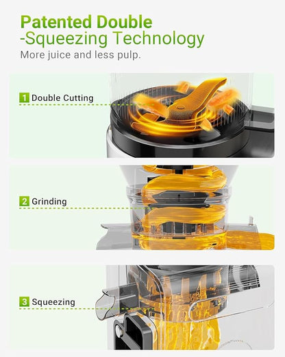 Cold Press Juicer Machine, 6.5" Large Feed Chute Masticating Extractor, Easy to Clean for Whole Fruits & Vegetables, High Yield, White
