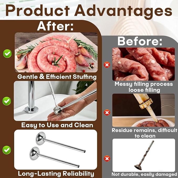 2-Pack 10mm Stainless Steel Sausage Stuffing Tubes for #5 Sausage Stuffer | Fit to Homemade Snack Sticks & Breakfast Links, Slim Sausage Stuffing Horn，For Manual/Electric Meat Sausage Stuffer