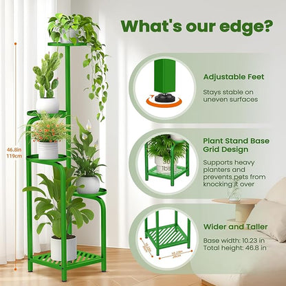 TOSKING 5 Tier Tall Plant Stand Indoor Outdoor, Heavy Duty Corner Shelf for Plants & Decor, Space Saving 3.9FT Metal Flower Pot Stand for Balcony, Garden, Living Room, Patio (Green, 47in)