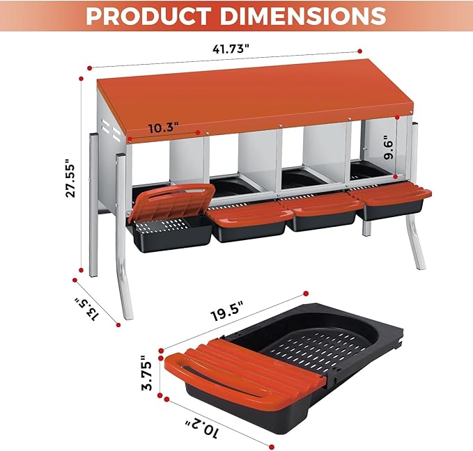 Chicken Nesting Boxes with Rollout Egg Collection – 4-Compartment Metal Hen Nest Box with Removable Trays, Slanted Roof & Ventilation, Wall Mount or Standing for Backyard Poultry Coop, Orange