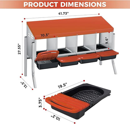 4-Hole Chicken Nesting Box with Stand – Heavy Duty Metal Poultry Nest, Removable Tray & Waterproof Roof – Non-Slip Legs for Easy Egg Collection in Backyard Coops (Orange)