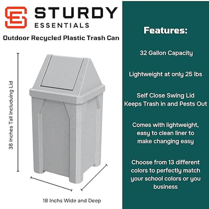 32 Gallon Square 100% Recycled Plastic Heavy Duty Outdoor Commercial Trash Can with Swing Top Lid | Great for Schools and Businesses - Light Granite