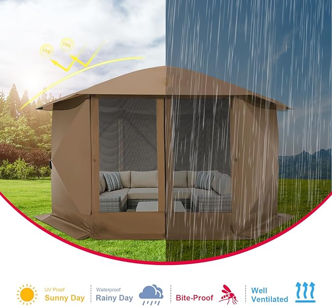 COBlZl 12x12 pop up Gazebo on Clearance Screen Canopy Tent for Camping,Outdoor Instant Stargazing Gazebo,Portable Hub Tent with Removable Sidewalls,Pavilion for Backyard,Brown