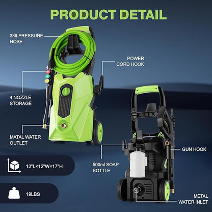 Pressure Cleaner 5000 PSI 2.8 GPM High Power Cleaners with 33ft Pressure Hose, 4 Nozzle and Foam Cannon, for Home, Cars, Fences, Patio (Green)