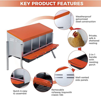 4-Hole Chicken Nesting Box with Stand – Heavy Duty Metal Poultry Nest, Removable Tray & Waterproof Roof – Non-Slip Legs for Easy Egg Collection in Backyard Coops (Orange)