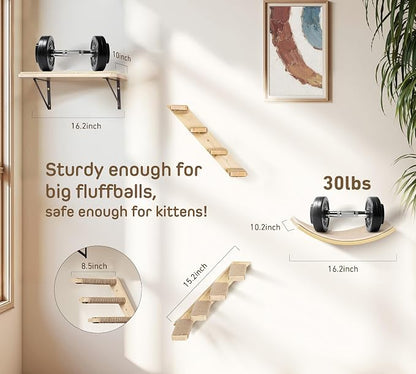 Wall Mounted Cat Shelves Stairs Set, 4 Piece Wood Cats Wall Furniture with Sisal Cat Window Perch, Flat Perch & Dual 4-Step Ladders for Climbing & Scratching