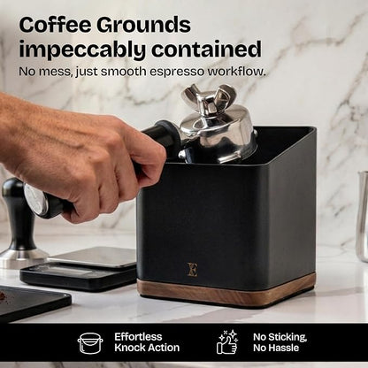 Espresso Knock Box with Lid, 1L Steel Coffee Puck Container, Black | Walnut non-slip base, quiet rubber knock bar, holds 20-25 pucks, dump bin for used grounds, home barista station essential