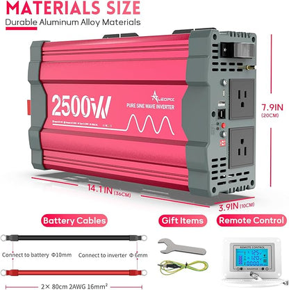 2500 Watt Pure Sine Wave Power Inverter 12V DC to 110V 120V Converter for Home, RV and Off-Grid Solar Systems with Type-C Port, 2 AC Outlets, Dual USB Ports, Remote Control with LCD Screen