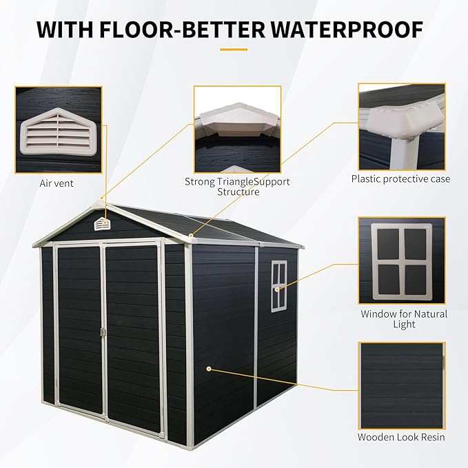 6x8 FT Outdoor Storage Shed, Resin Garden Shed with Thick Floor, Plastic Storage Shed with Window, Waterproof Outside Tool Shed with Lockable Hinged Doors for Backyard, Patio, Lawn, Black