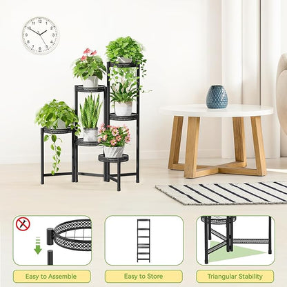 iDavosic.ly Plant Stand Indoor Outdoor, 6 Tier Corner Metal Flower Display Holder Shelf, Folding Tall Orchid Rack for Patio Balcony Porch Garden Living Room House, Wrought Iron - Modern Black