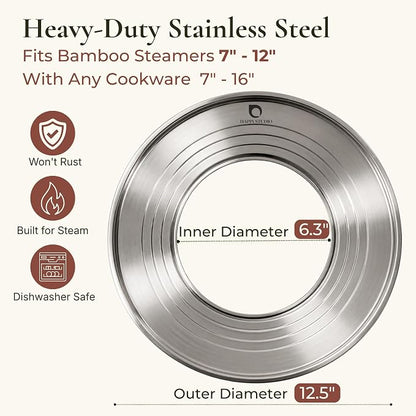 Stainless Steel Steamer Ring for Bamboo Steamer Basket 12-Inch | Fits 7 - 12 Inch Dumpling Steamer Baskets - Ring Adapter for Woks & Pots for Cooking Dim Sum, Rice, Bao Buns, Vegetables