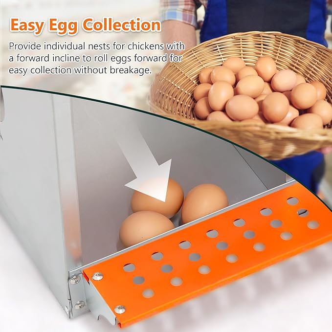 Chicken Nesting Boxes, 6-Bay Metal Nest Box with Vented Galvanized Steel Coop Equipment Wall Mount for Hens Ducks Poultry, Easy Egg Collection & Assembly, Orange (6 Compartment)