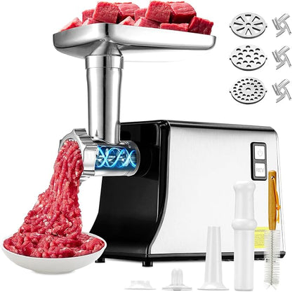 5.0 Upgrade Electric Meat Grinder,3S Grinding,Meat Grinders for Home Use-B | 【3500W Super Motor】【3 Sets 304 Stainless Steel Blade & Plate】Meat Grinder with Kubbe&Sausage Kit Perfect for Kubbe,Sausage