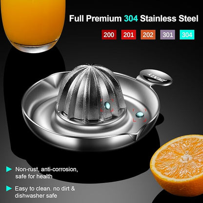 Lemon Squeezer Stainless Steel, Ultra Heavy Duty Manual Hand Juicer | Premium Citrus Reamer Juicer, Lime Orange Fruit Squeezer, 12 Scraping Teeth, 200ML Container, 2 Pour Spouts, Dishwasher Safe