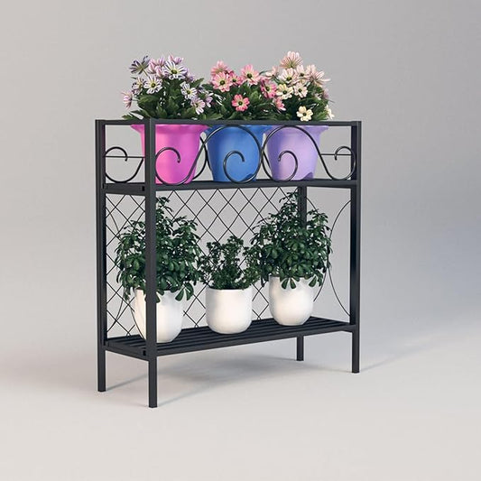 Zhongma 2 Tier Metal Sturdy Narrow Plant Stand, 35.43 L x 12.6 W x 35.43 H inch, Indoor and Outdoor Heavy Duty Metal Plant shelf for Small Spaces 440 LBS Capacity