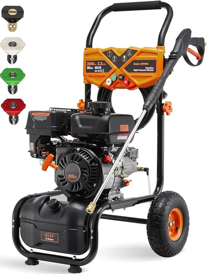 3500 PSI Gas Pressure Washer, 2.3 GPM High Power Washer with 209CC Engine, 25FT Hose, 4 Quick-Connect Nozzles, for Cleaning Walls, Vehicles, Gardens, Driveways, Concrete(Orange)