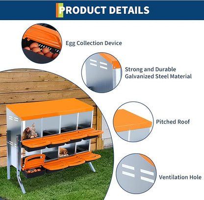 8-Compartments Chicken Nesting Boxes with Roll Out Egg Collection and Large Vented Holes,Metal Nesting Boxes for Chickens, Hens, Ducks,Wall Mount/Freestanding Poultry,Orange