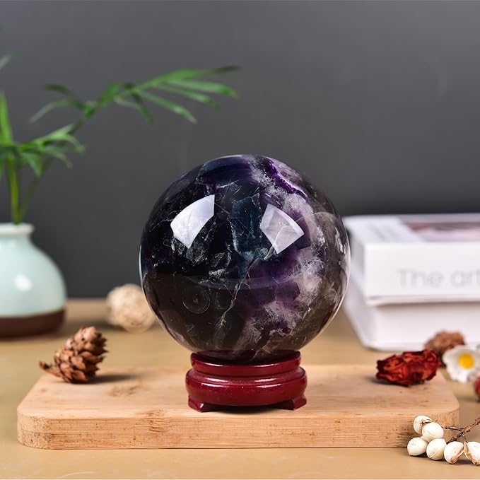 JIC Gem Natural Colorful Fluorite Crystal Sphere with Wooden Stand,Decorative Crystal Ball Fluorite Gemstone Sphere for Meditation,Feng Shui,Witch-Style Decor,Table 80-90mm