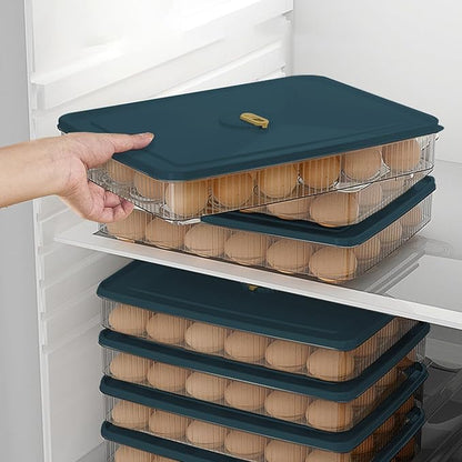 Egg Holder for Fridge, 24 Capacity Egg Holder Countertop, Stackable Space-Saving Plastic Fridge Organizers and Storage with Lid for Kitchen or Pantry, Blue