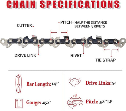 E & S 3 Pack 14 Inch Chainsaw Chain 3/8" LP Pitch .050" Gauge 52 Drive Links Semi-Chisel Chain Saw Chains for Husqvarna, Poulan, Craftsman, Greenworks and More Chainsaw Brands