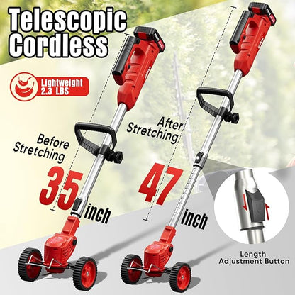 SHALL 24V Cordless Weed Wacker, 3-in-1 Electric Weed Eater Grass String Trimmer Edger, Telescopic Brush Cutter, 2 x 1.5Ah Battery Powered Lawn Mower with 3 Types Blades & Wheels for Yard Garden