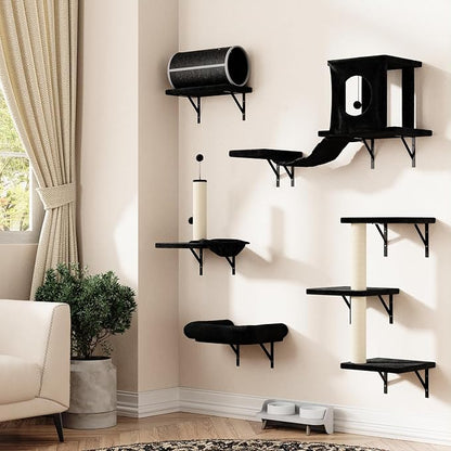 NUNU LAB 7-in-1 Cat Wall Shelves, Wall Mounted Cat Climber Set, Cat Furniture with House, Tunnel, Bridge, Steps, Scratcher, Hammock, Shelves for Indoor, Black