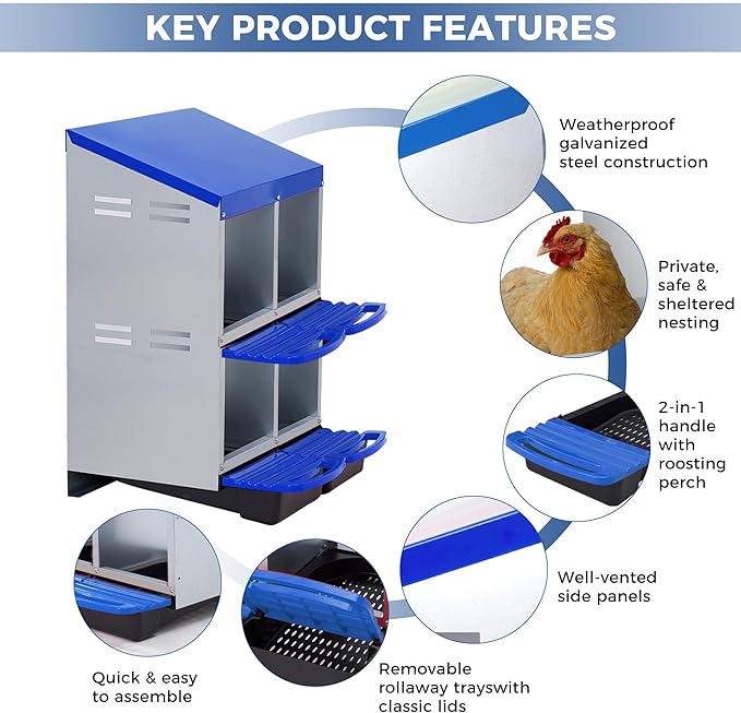 Chicken Nesting Boxes, Metal Rollaway Chicken Nest Box with Rollout Egg Collection, Removable Tray & Nesting Pads, Egg Laying Box for Chicken Coop Hens, Wall Mount or Standing, 3 Compartments 2 Layer