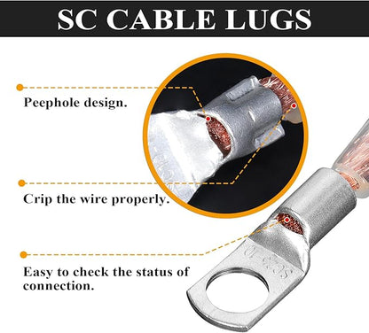 2 Gauge Battery Cable (12 Feet Black, 12 Feet Red) - 2 AWG Copper Clad Power Welding Wire with M8 & M10 SC Connector Lugs for Car, Camper, RV, Solar Low Voltage Inverter Wiring