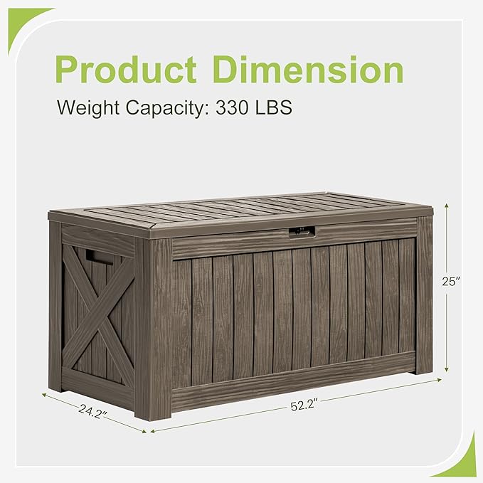 Greesum 120 Gallon Deck Box, Resin Outdoor Storage Container for Patio Furniture, Garden Tools, Pool Accessories, Weatherproof, Lockable, Coffee