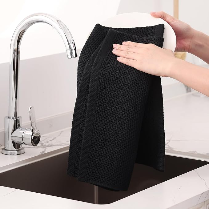 Homaxy 100% Cotton Oversized Waffle Weave Kitchen Towels, 5-Pack, Black | 20 x 28 Inches, Ultra Soft Absorbent Dish Towels, Quick Drying Large Cleaning Towels