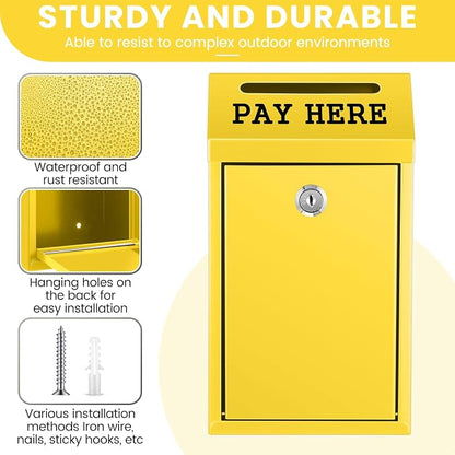 Yaocom Safe Metal Cash Box for Farm Stand – Money Drop and Secure Donation Collection, Wall Mount Lockable Unit with Pre Drilled Holes for Outdoor Self Serve(Yellow,10.2 x 5.7 x 2.8 Inch)