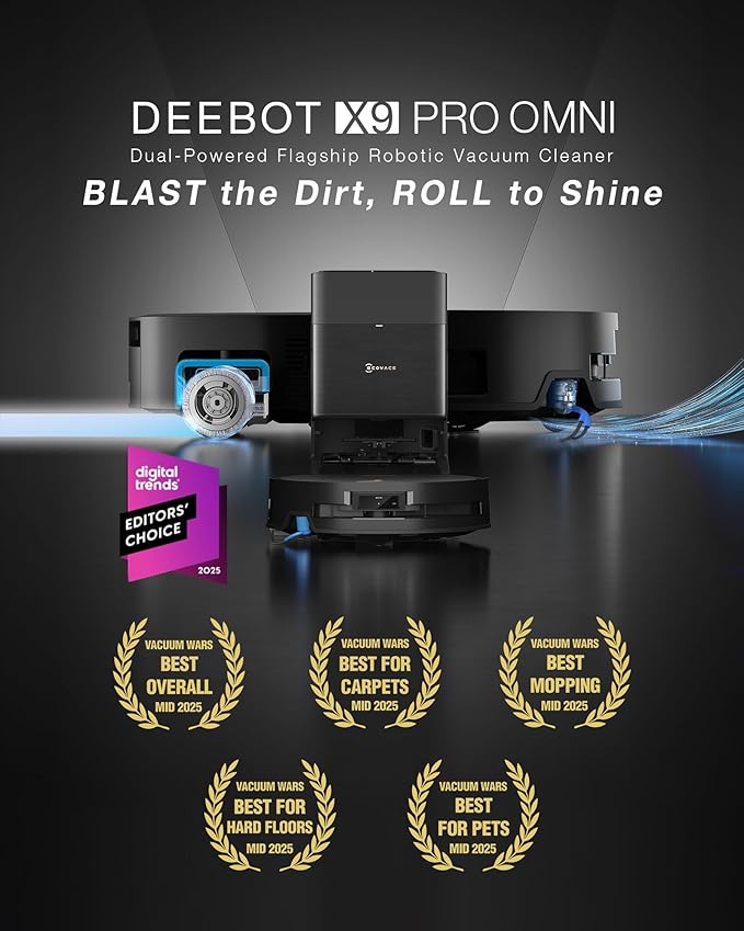 ECOVACS DEEBOT X9 PRO Omni Robot Vacuum and Mop,16,600Pa Blast Suction, OZMO Roller Instant Self-Washing Mopping, ZeroTangle 3.0, Triple Lift System, AI Smart Navigation, Hands-Free Omni Station