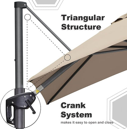 PURPLE LEAF 9' X 11.5' Patio Umbrella Outdoor Cantilever Rectangle Umbrella Aluminum Offset Umbrella with 360-degree Rotation for Garden Deck Pool Patio Taupe