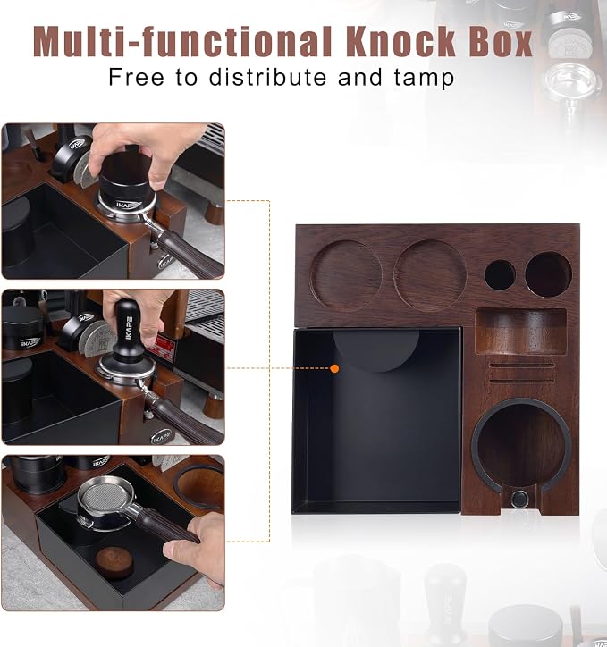 IKAPE V5 Espresso Knock Box, Espresso Coffee Organizer Box Fit for Storage 51, 54, 58MM Espresso Tamper, Distributor, Portafilter & Puck Screen Accessories, Natural Walnut Station Base(9 IN One)