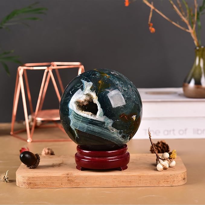 JIC Gem Large Ocean Jasper Crystal Sphere Ball with Wooden Stand Healing Decorative Ball Reiki Healing Gift 100-110mm